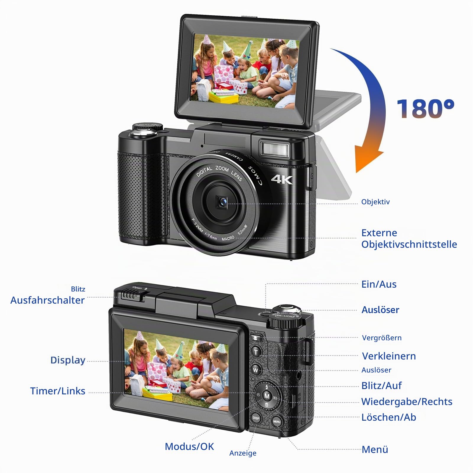 CCN Digitalkamera 4K 48MP Fotokamera Schwarz Stativ Mikrofon