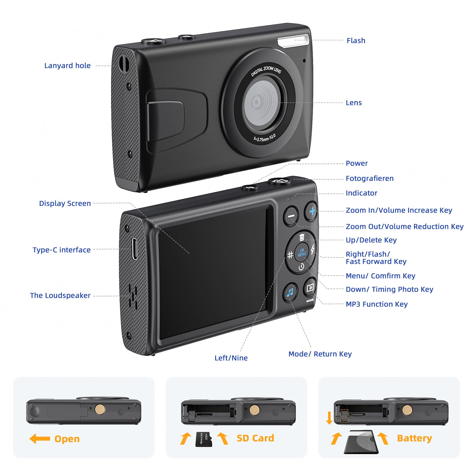 CCN Digitalkamera 64MP 1080P Kompaktkamera Schwarz C2 32GB