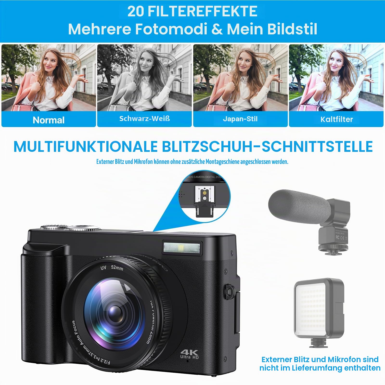 Ixnaiqy Digital Camera Kompaktkamera 4K 48MP Blitz 32GB
