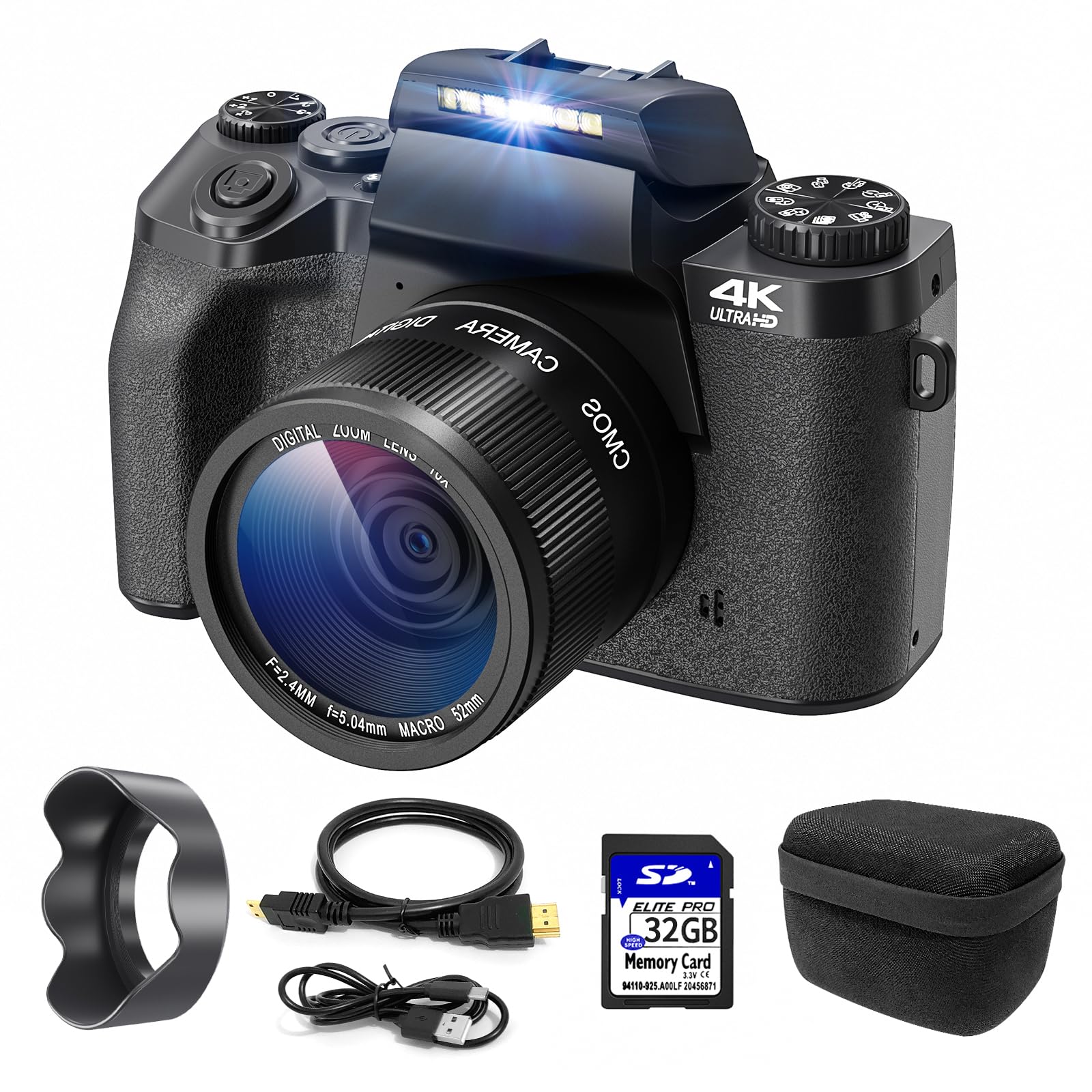 CCN Digitalkamera 4K 64MP Fotokamera Schwarz 32GB Touch