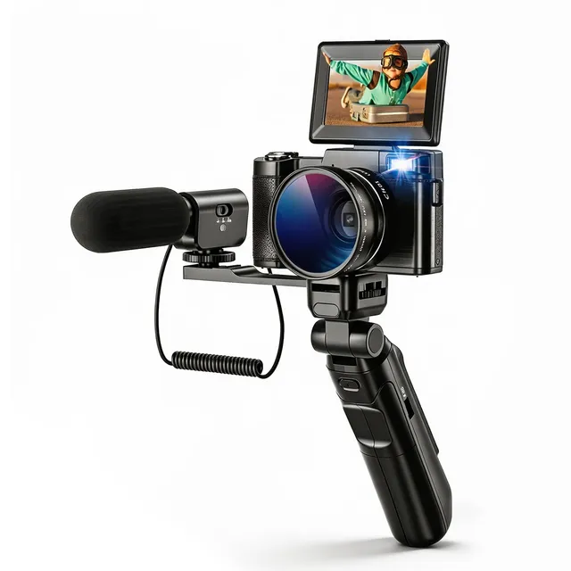 CCN Digitalkamera 4K 48MP Fotokamera Schwarz Stativ Mikrofon