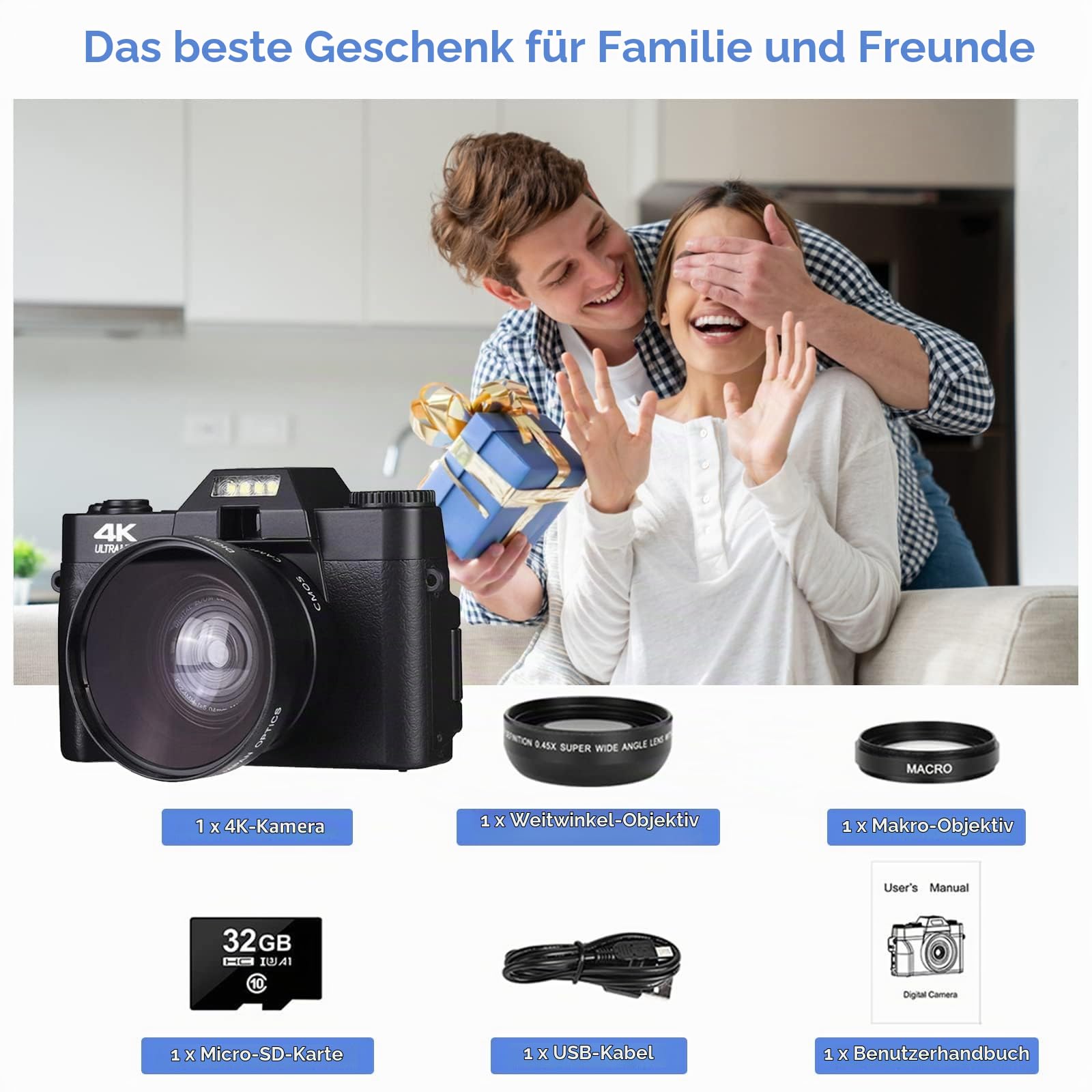 CCN Digitalkamera 4K 48MP Fotokamera Schwarz 32GB Klappdisplay