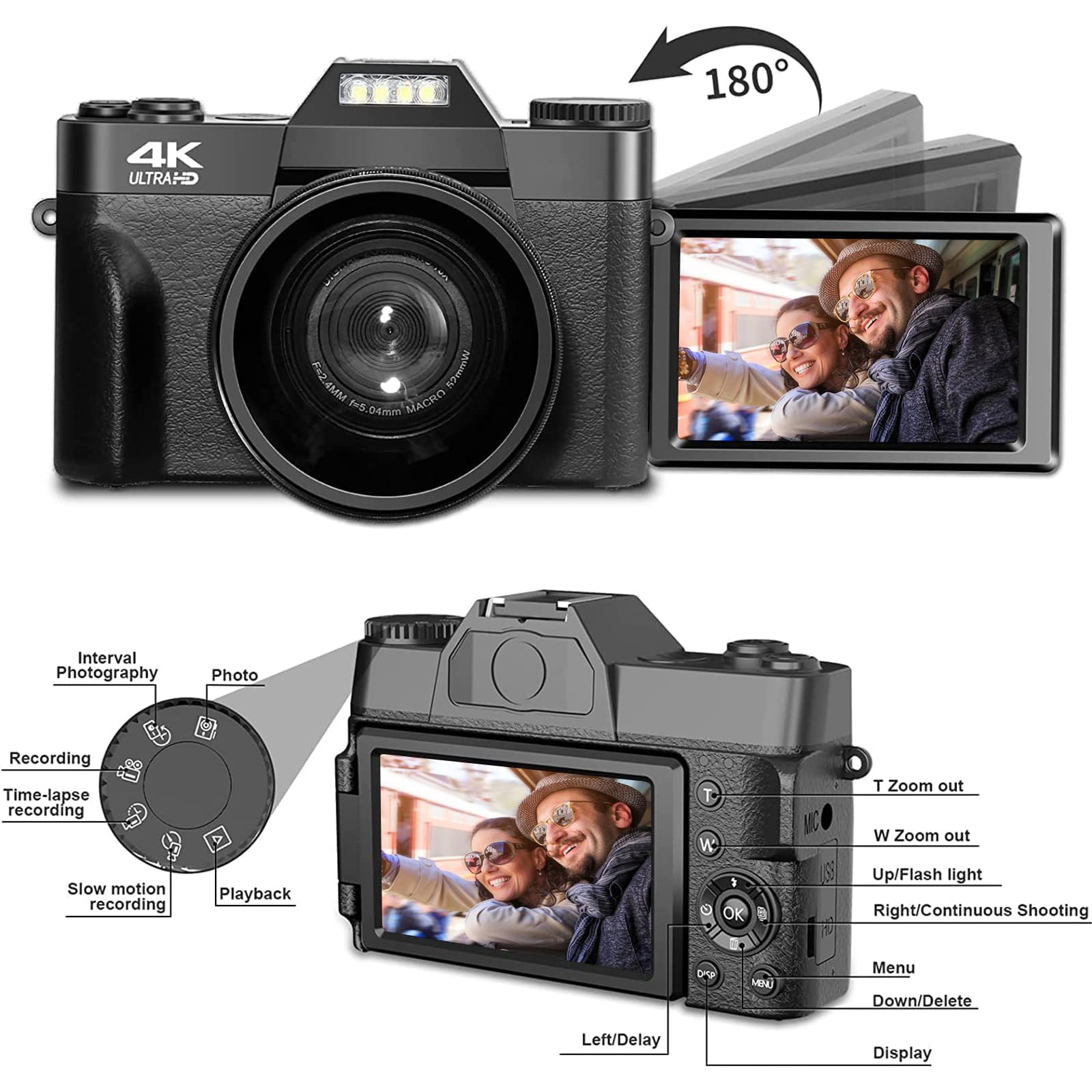CCN Digitalkamera 4K 48MP Fotokamera Schwarz 32GB Klappdisplay