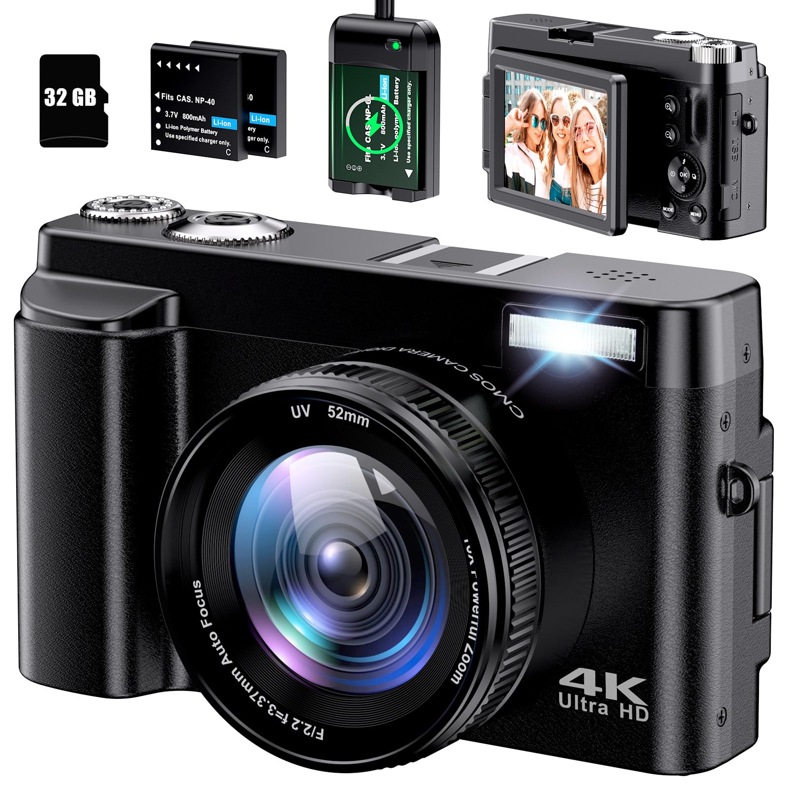 Ixnaiqy Digital Camera Kompaktkamera 4K 48MP Blitz 32GB