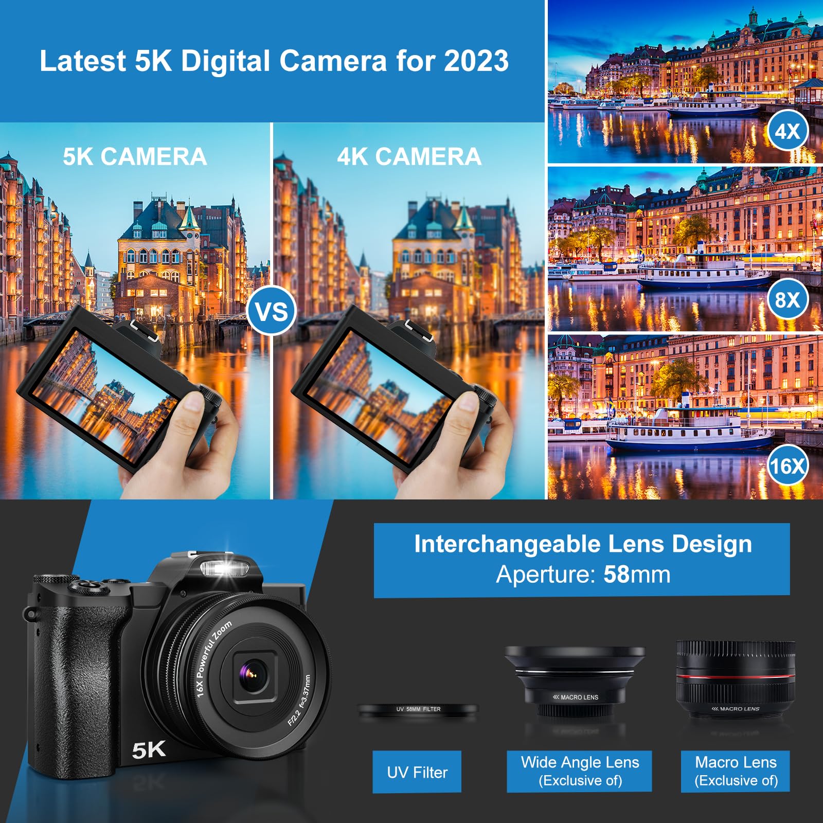 Ixnaiqy Digital Camera Kompaktkamera 5K 48MP WLAN Filter
