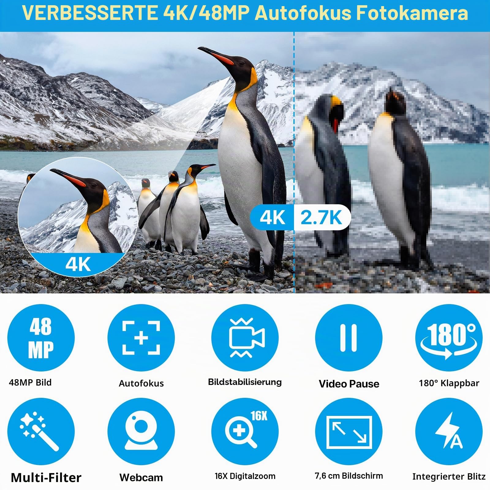 Ixnaiqy Digital Camera Kompaktkamera 4K 48MP Blitz 32GB