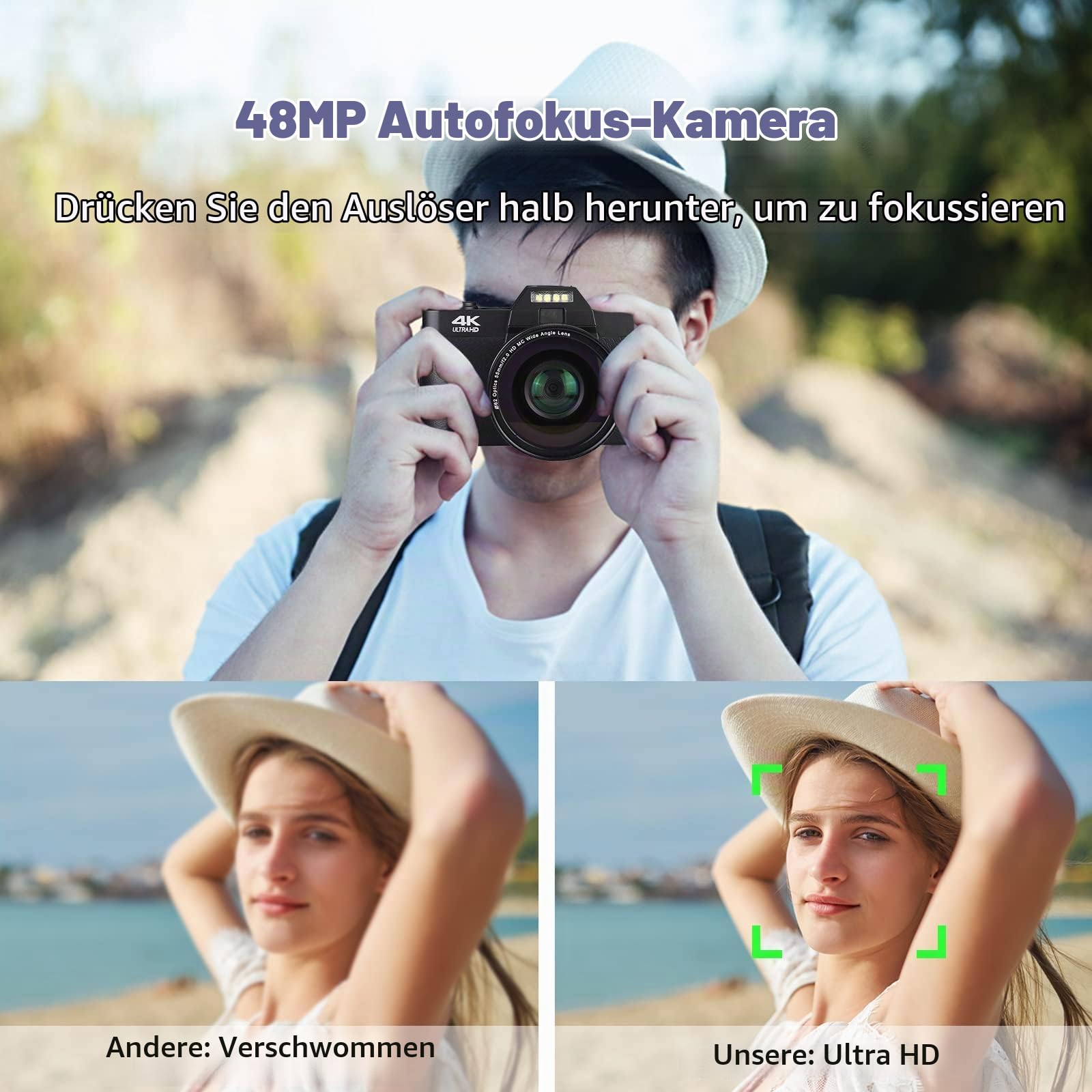 CCN Digitalkamera 4K 48MP Fotokamera Schwarz 32GB Klappdisplay