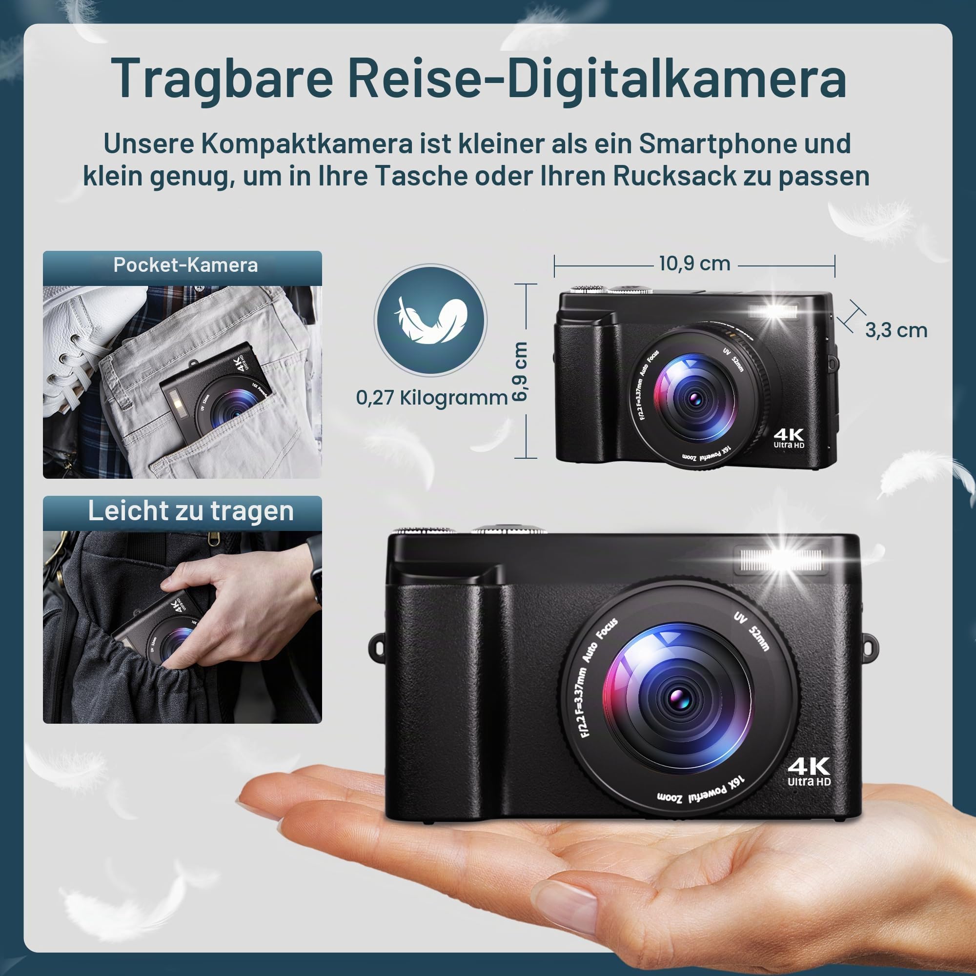 Ixnaiqy Digital Camera Kompaktkamera 4K 48MP Klappdisplay