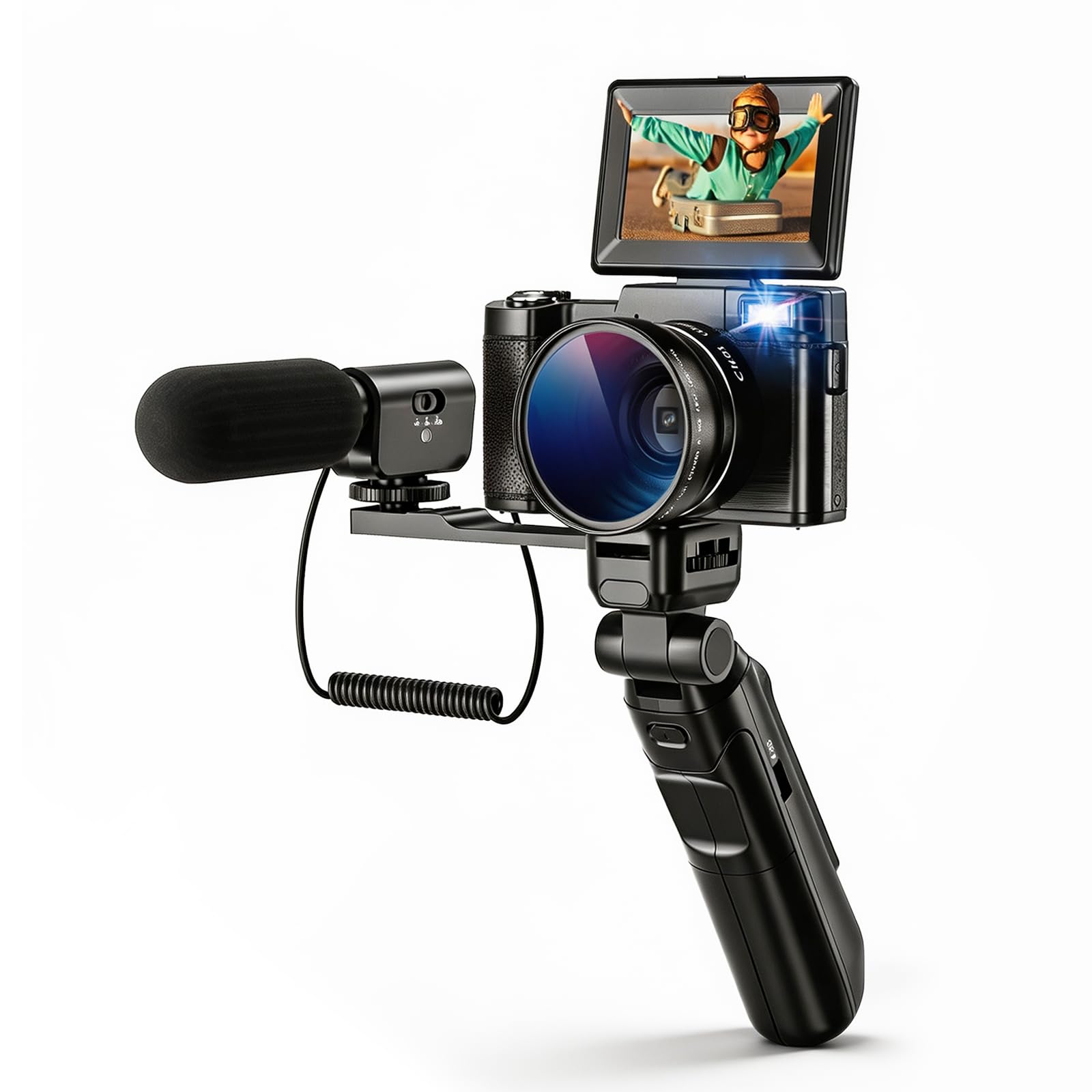CCN Digitalkamera 4K 48MP Fotokamera Schwarz Stativ Mikrofon