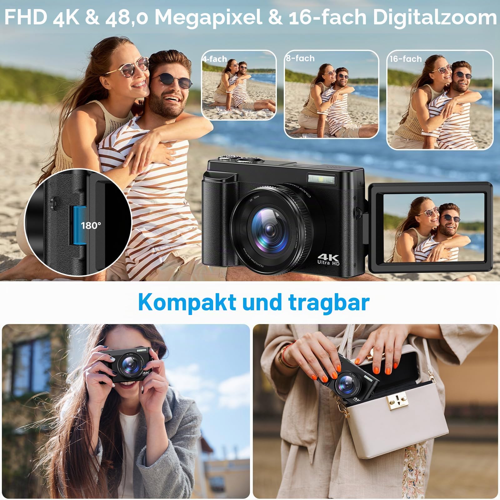 Ixnaiqy Digital Camera Kompaktkamera 4K 48MP Blitz 32GB