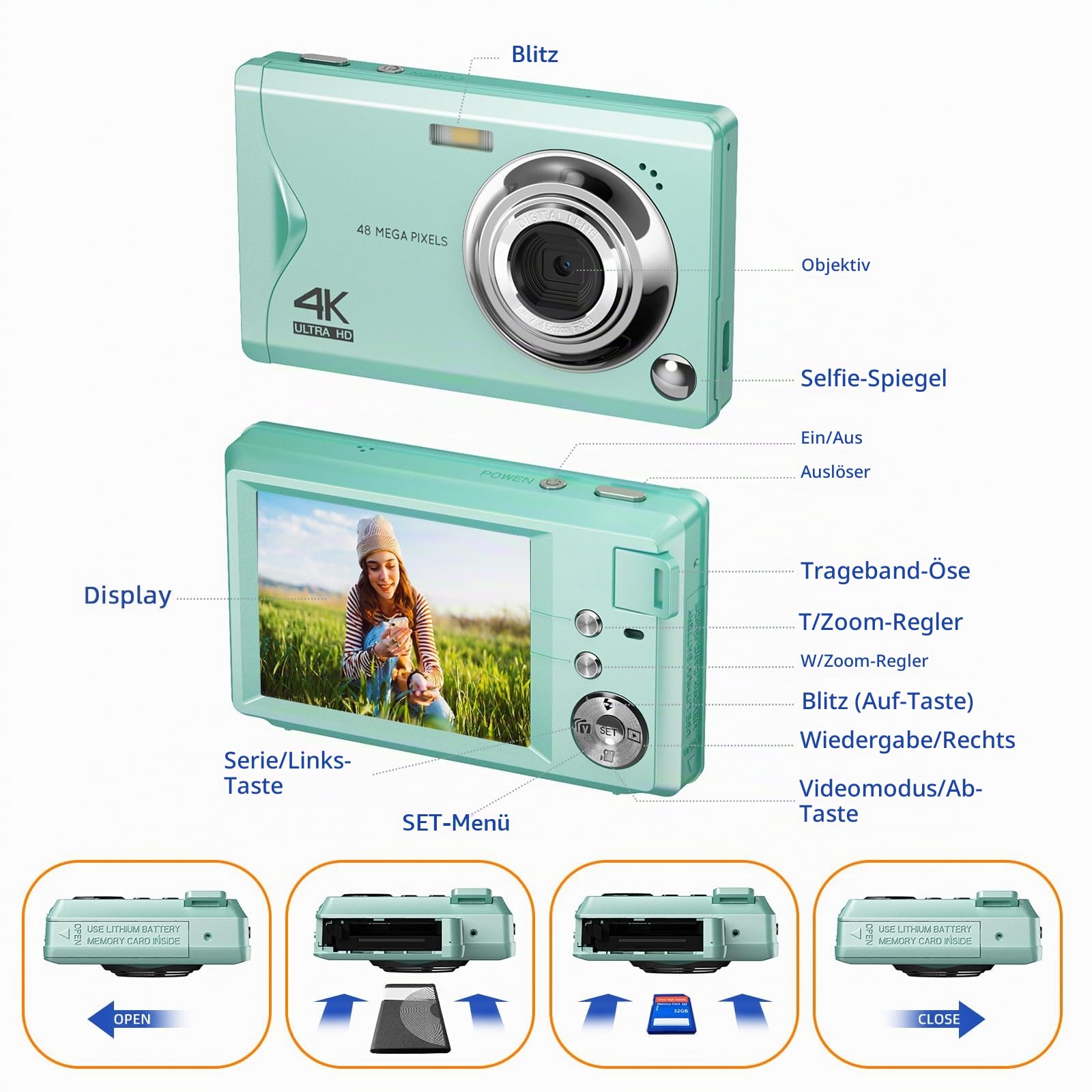CCN Digitalkamera Kompaktkamera 48MP 1080P Grün 32GB