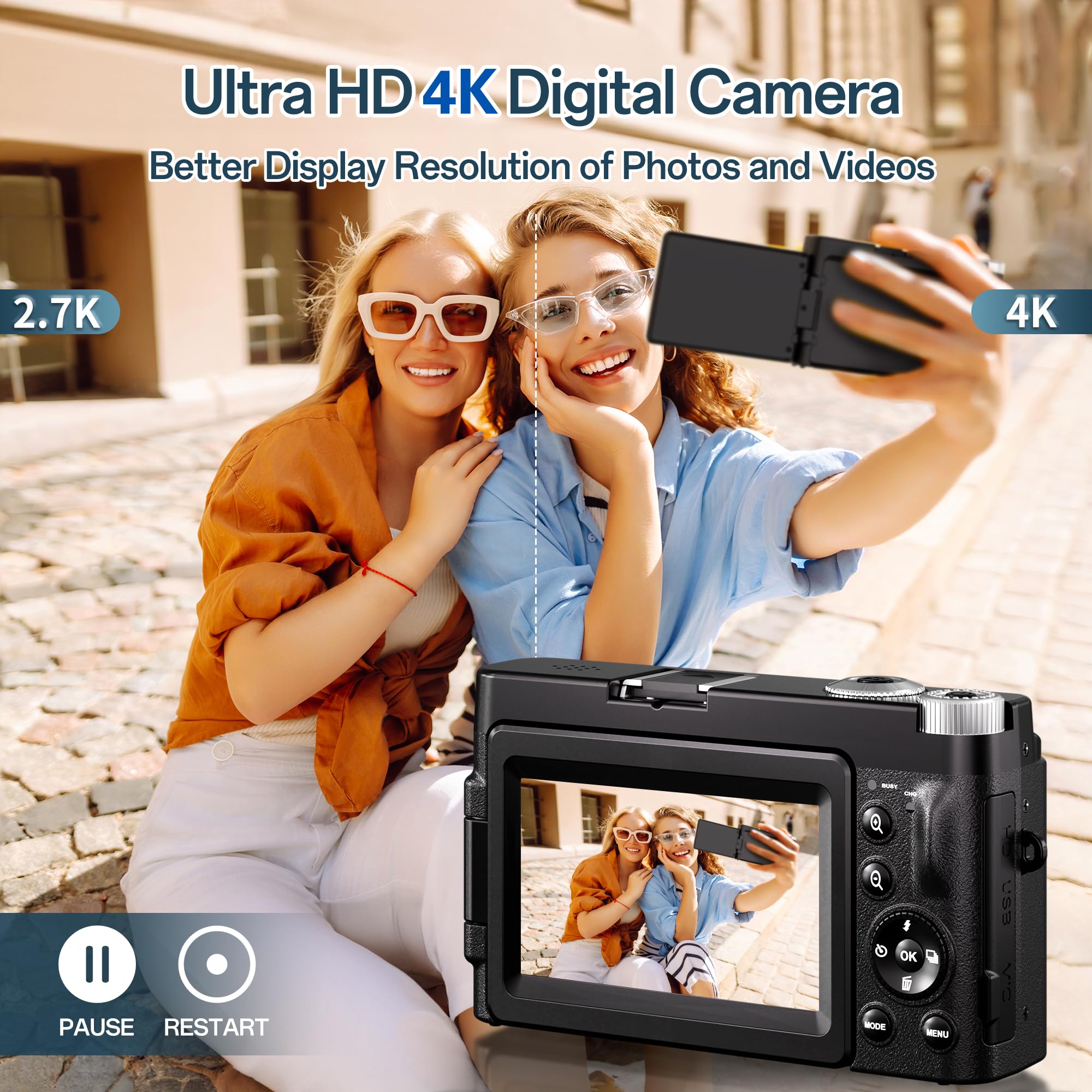 Ixnaiqy Digital Camera Kompaktkamera 4K 48MP Klappdisplay