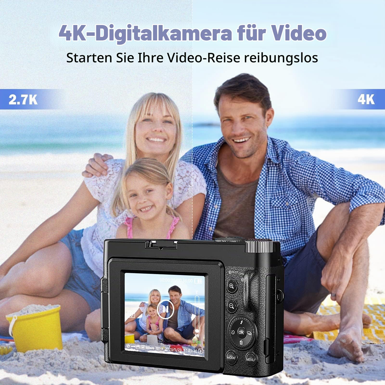 CCN Digitalkamera 4K 48MP Fotokamera Schwarz 32GB Klappdisplay