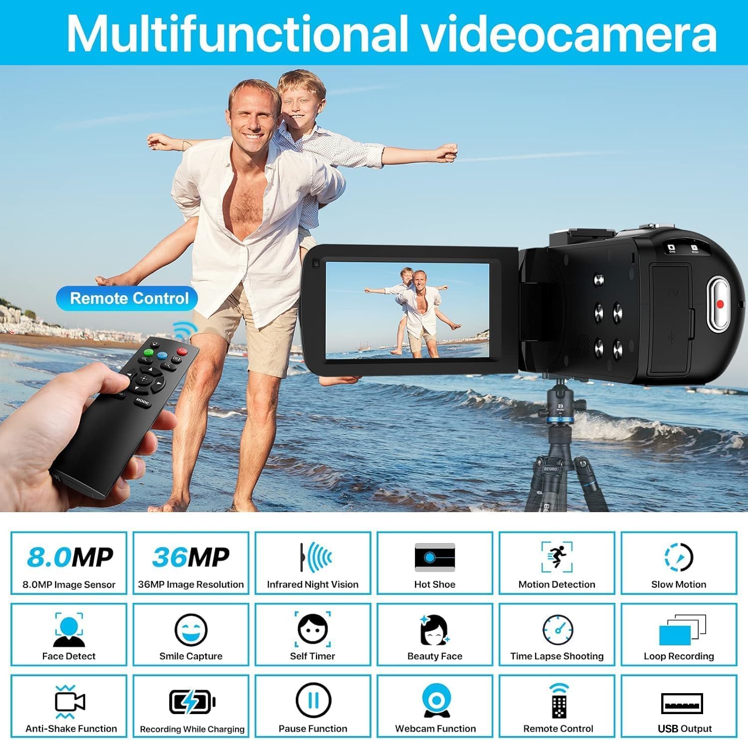 Ixnaiqy Camcorder Videokamera 1080P 36MP Nachtsicht