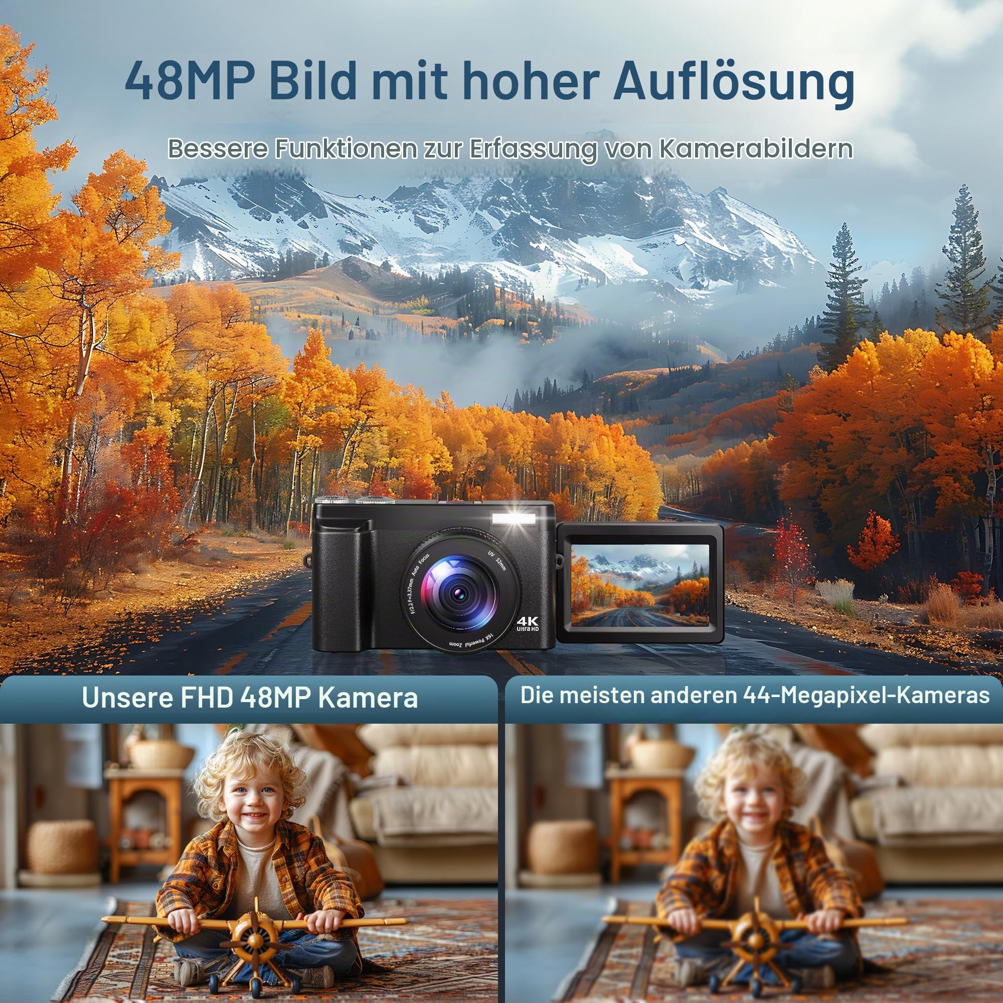Ixnaiqy Digital Camera Kompaktkamera 4K 48MP Klappdisplay