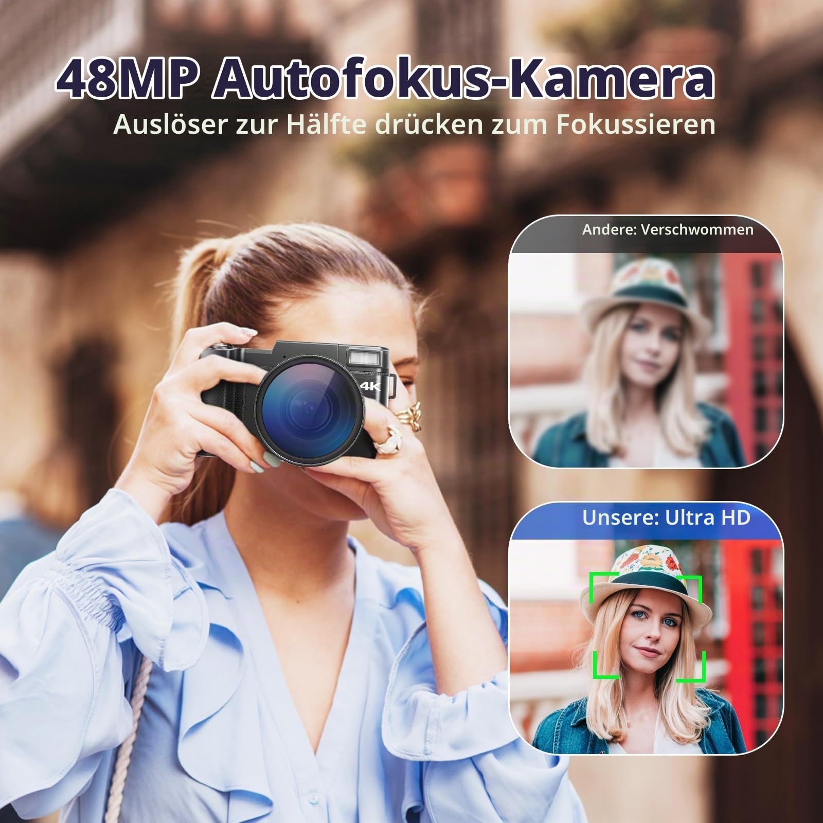 CCN Digitalkamera 4K 48MP Fotokamera Schwarz Stativ Mikrofon