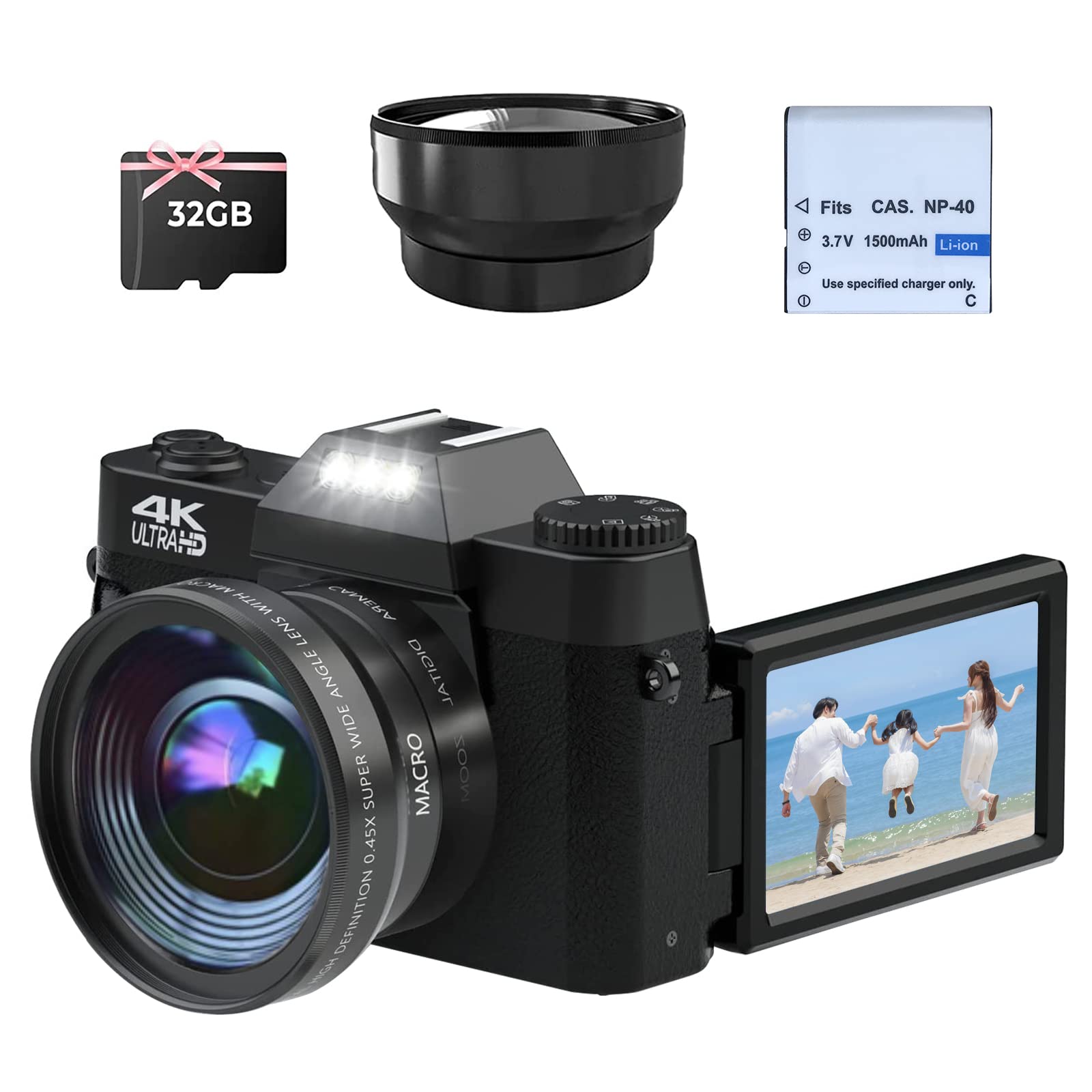 CCN Digitalkamera 4K 48MP Fotokamera Schwarz 32GB Klappdisplay