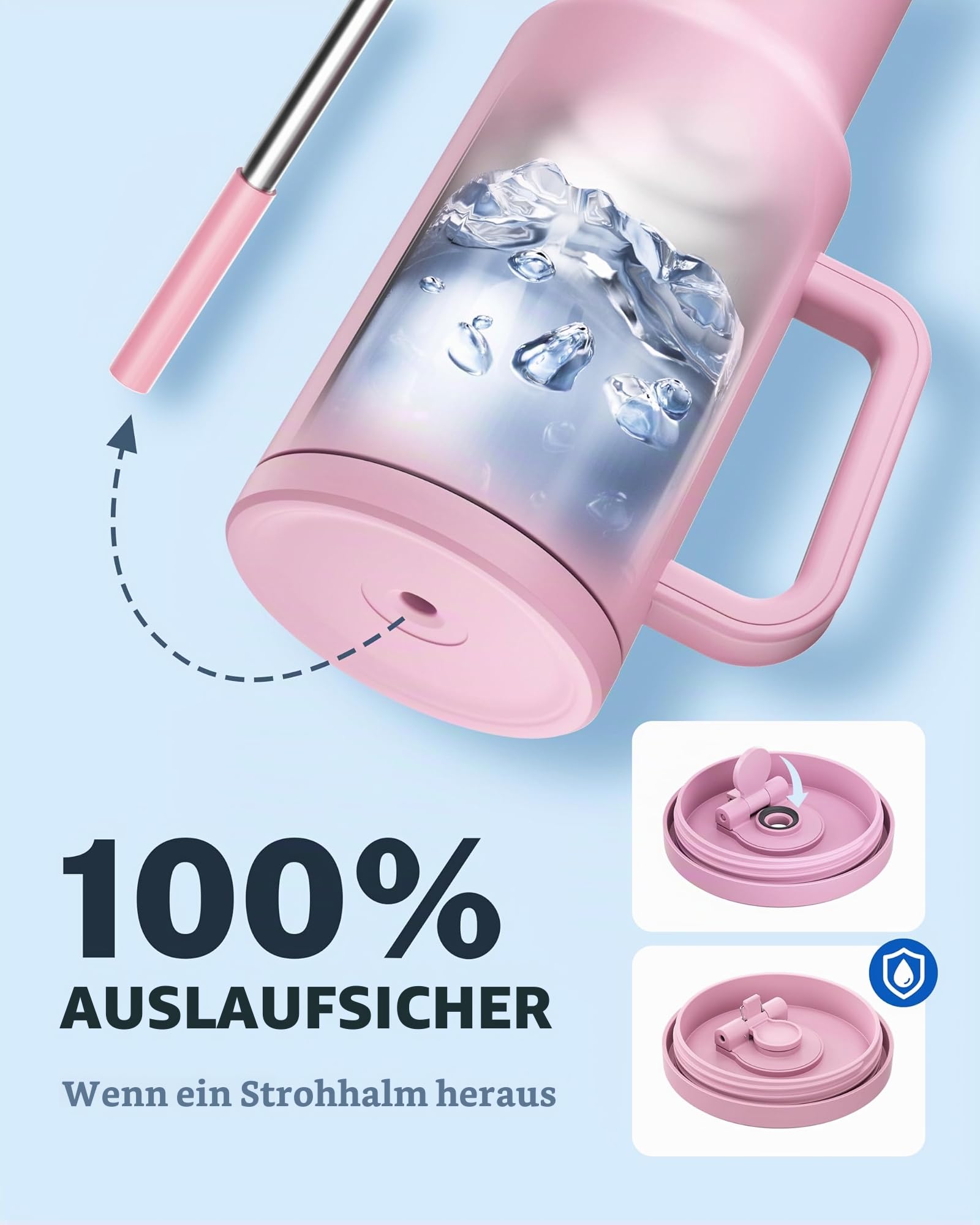 CCN Trinkflasche Thermobecher Edelstahl 1,2L Rosa Strohhalm